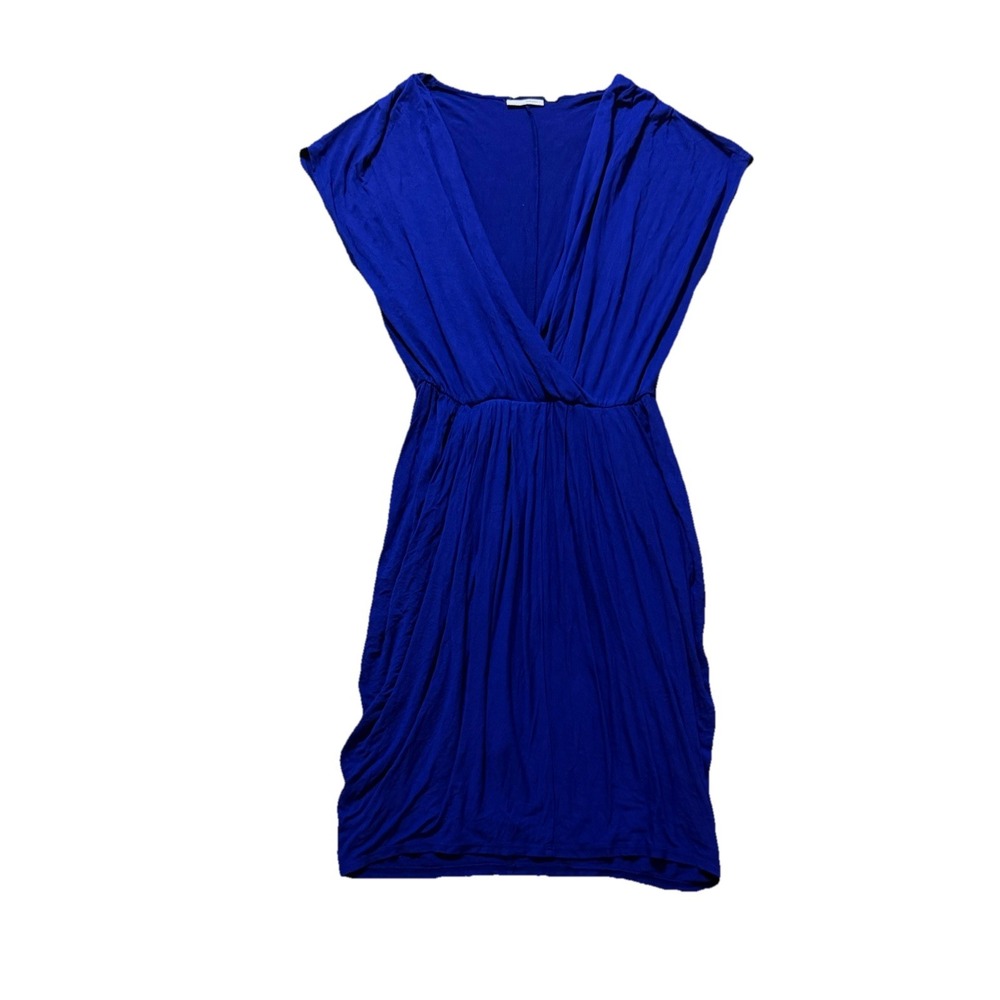 Halogen Pleated V-Neck Midi Wrap Dress In Royal Blue XS Y2K Comfortable